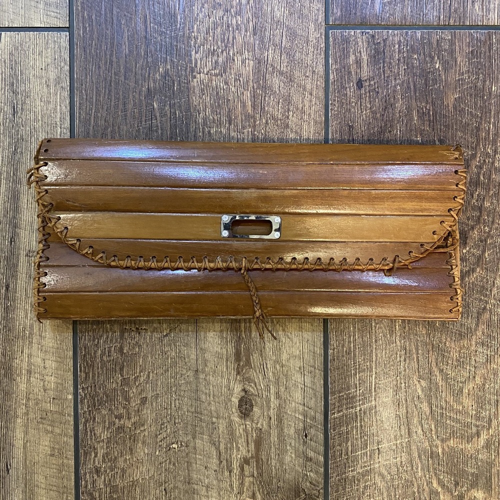 Vtg RARE 50's Wooden Slat Handbag Clutch Peg Closure Leather Lined USA
